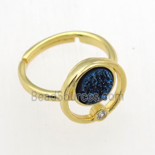 blue Druzy Quartz Rings, copper, gold plated