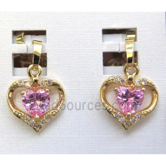 pink zircon pendant, heart, copper, gold plated