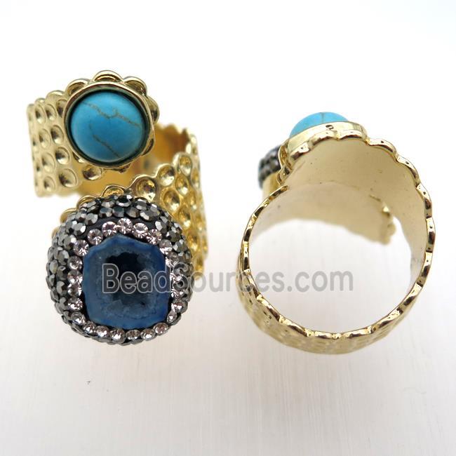 blue Agate Druzy Rings paved rhinestone, copper, gold plated