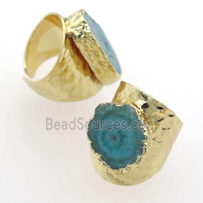 green Solar Quartz Druzy Rings, gold plated