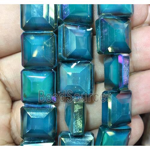 chinese crystal glass bead, faceted square, peacock green