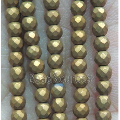 matte hematite beads, faceted round, gold electroplated