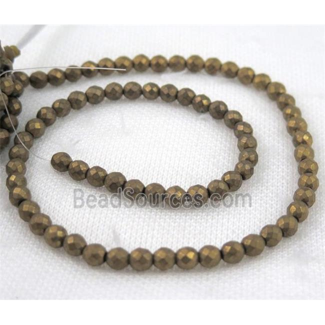 matte hematite beads, faceted round, gold electroplated