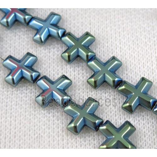 hematite cross beads, green electroplated