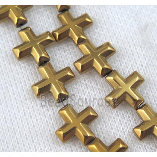 hematite cross beads, gold electroplated