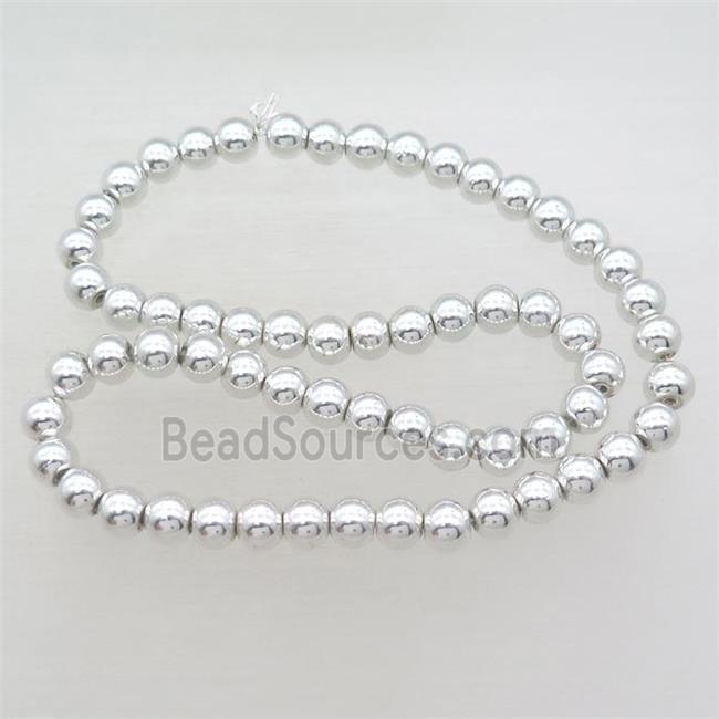 round Hematite Beads, shiny silver plated