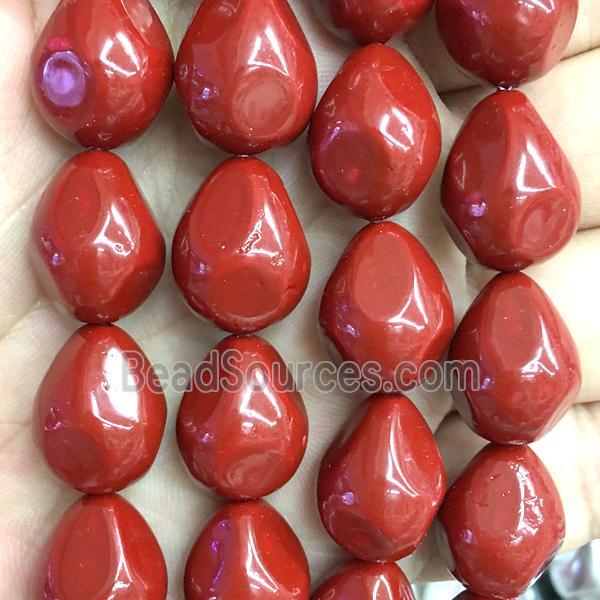 red pearlized shell beads, teardrop