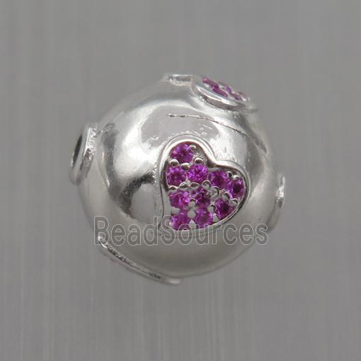 Sterling Silver round beads paved zircon, heart, platinum plated