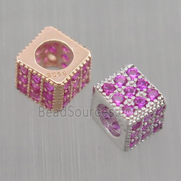 European style Sterling Silver cube beads paved zircon, large hole, mixed color