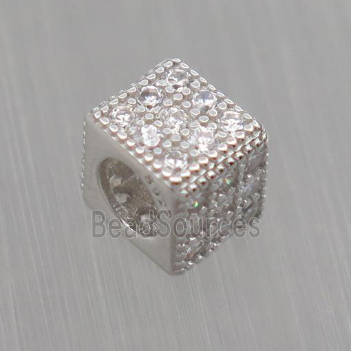 European style Sterling Silver cube beads paved zircon, platinum plated