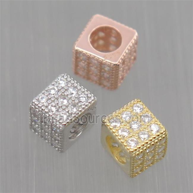 European style Sterling Silver cube beads paved zircon, large hole, mixed color