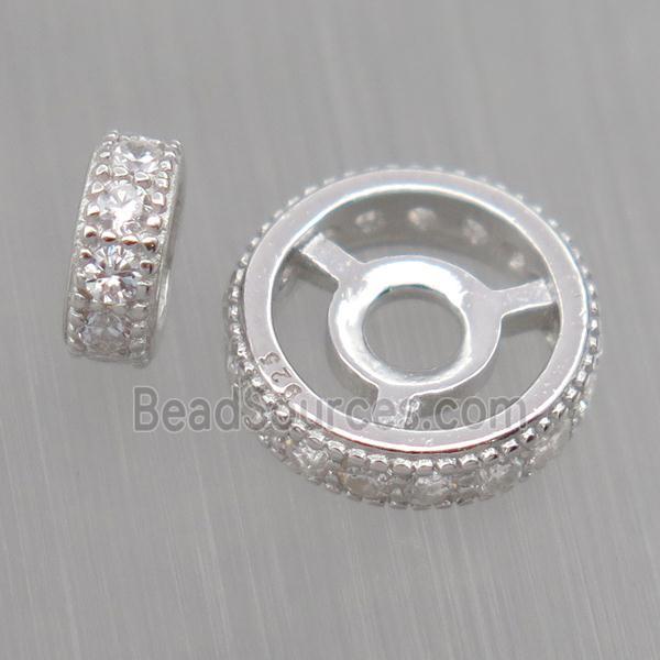 Sterling Silver rondelle beads paved zircon, platinum plated