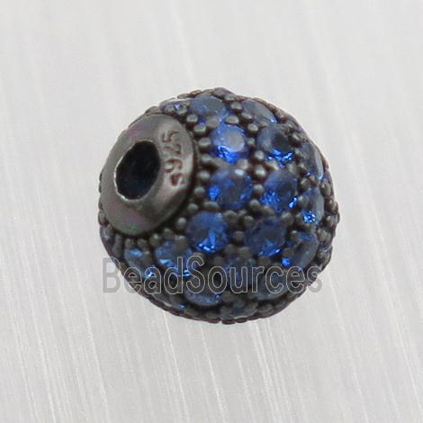 round Sterling Silver beads paved blue zircon, black plated