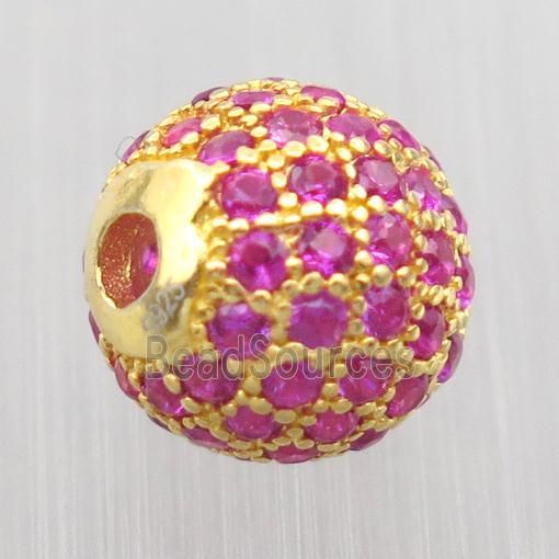 round Sterling Silver beads paved hotpink zircon, gold plated