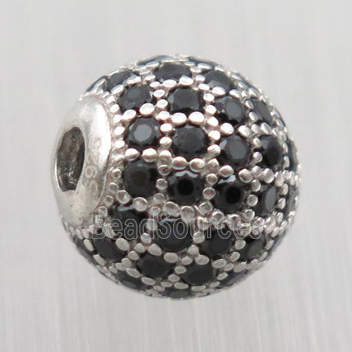 round Sterling Silver beads paved black zircon, platinum plated