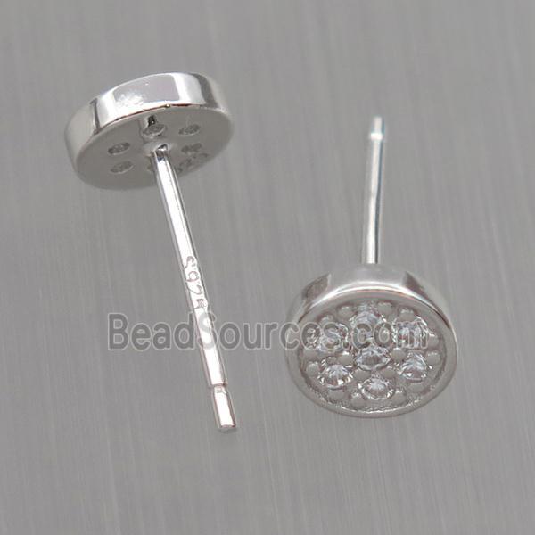 Sterling Silver studs Earrings paved zircon, circle, platinum plated