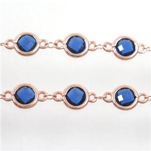 copper chain with blue Chinese crystal glass, rose gold, approx 8mm dia