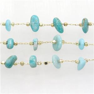 Amazonite chip beads chain, gold plated, approx 5-10mm