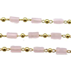 copper chain with pink crystal glass beads, tube, gold plated, approx 2.5x5mm