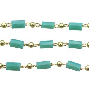 copper chain with green crystal glass beads, tube, gold plated, approx 2.5x5mm