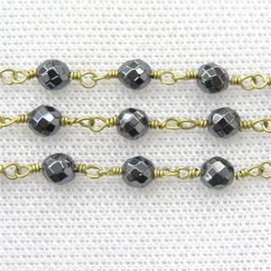 hematite beaded chain, raw brass, approx 3mm dia