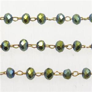 copper chain with green rondelle Chinese Crystal Glass beads, approx 2x3mm bead