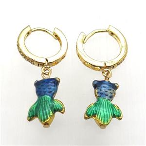 copper hoop earring paved zircon painted goldfish, gold plated, approx 10-14mm, 14mm dia