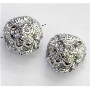 alloy spacer bead, lion head, platinum plated, approx 12mm dia