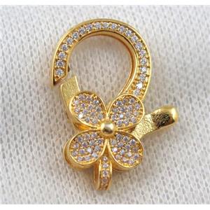 copper Lobster Clasp paved zircon, clover, gold plated, approx 20-30mm