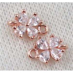 copper clover connector paved zircon, rose gold, approx 8x10mm