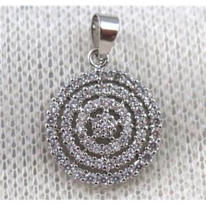 copper sun pendant paved zircon, platinum plated, approx 15mm dia