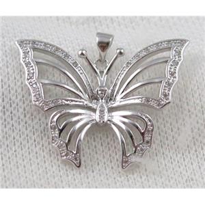 copper butterfly pendant paved zircon, platinum plated, approx 26x35mm