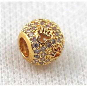 copper round beads paved zircon, hollow, gold plated, approx 8x10mm, 5mm hole