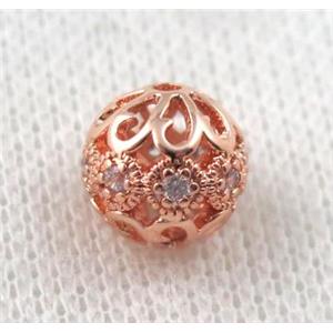 round copper bead paved zircon, hollow, rose gold, approx 8mm dia