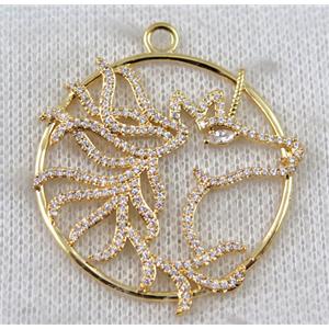 copper horse pendant paved zircon, gold plated, approx 36mm dia