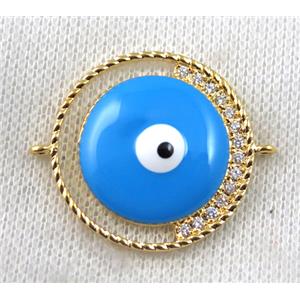 copper connector paved zircon with evil eye, gold plated, approx 30mm dia