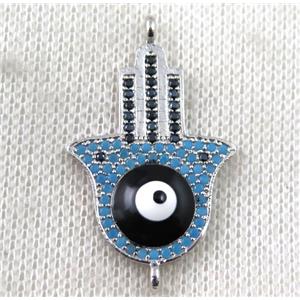 copper hamsahand connector paved zircon with evil eye, platinum plated, approx 22-35mm