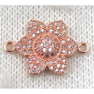 copper flower connector paved zircon, rose gold, approx 16mm dia