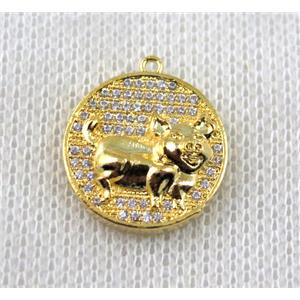 copper Zodiac Boar pendant paved zircon, gold plated, approx 16mm dia