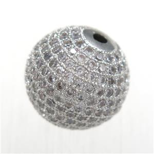 round copper beads pave zircon, platinum plated, approx 10mm dia