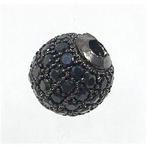 round copper beads pave zircon, black plated, approx 10mm dia