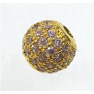 round copper beads pave zircon, gold plated, approx 10mm dia