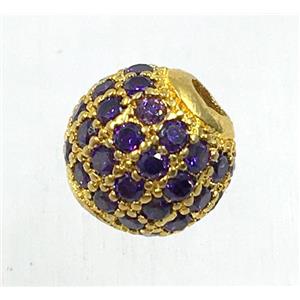 round copper beads pave zircon, gold plated, approx 10mm dia