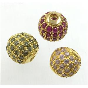 round copper beads pave zircon, gold plated, mix, approx 6mm dia