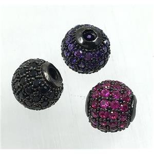 round copper beads pave zircon, black plated, mix color, approx 6mm dia