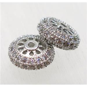 copper rondelle beads paved zircon, platinum plated, approx 10mm dia