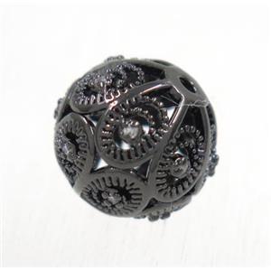 round copper beads pave zircon, black plated, approx 10mm dia