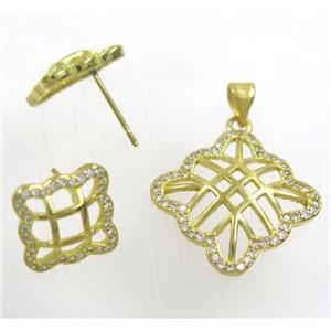 Raw Brass pendant and earring studs paved zircon, approx 22mm, 15mm dia