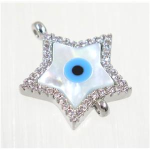 copper Star connector paved zircon with evil eye, platinum plated, approx 14mm dia