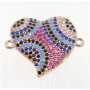 copper Heart connector paved zircon, rose gold, multi-color, approx 19mm